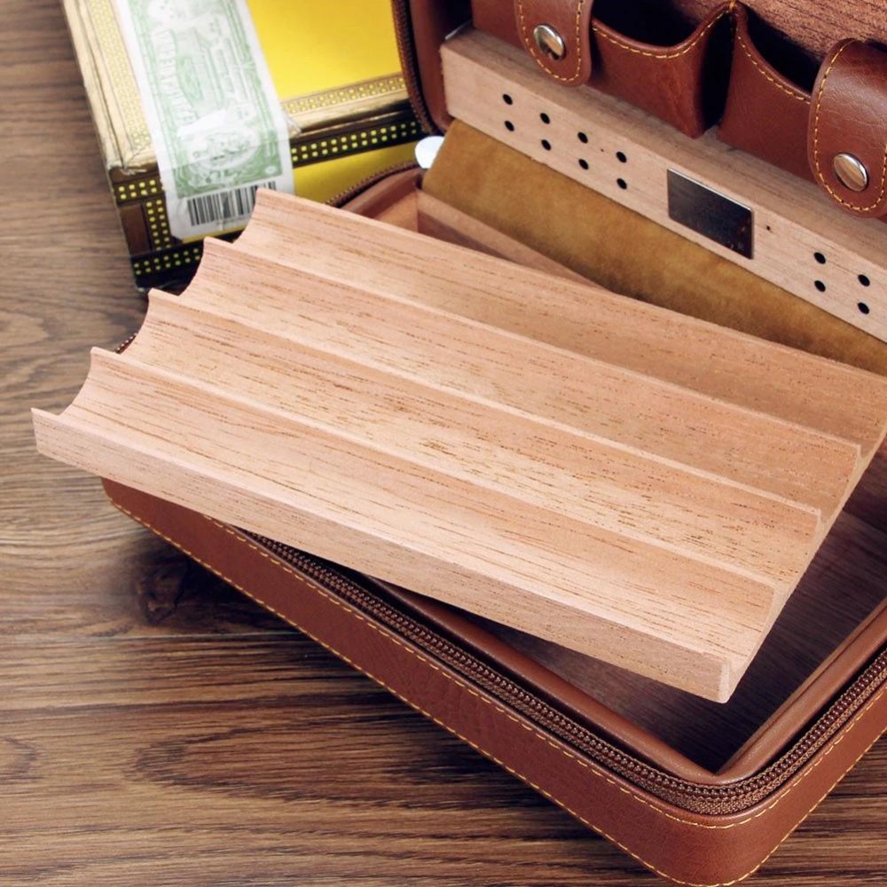 Cohiba Cigar Holder Case Cedar Wood Leather Travel Humidor Box 4 Cigars  Brown