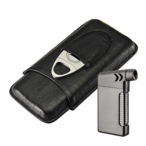 Leather cigar case with gunmetal grey lighter and straight cutter