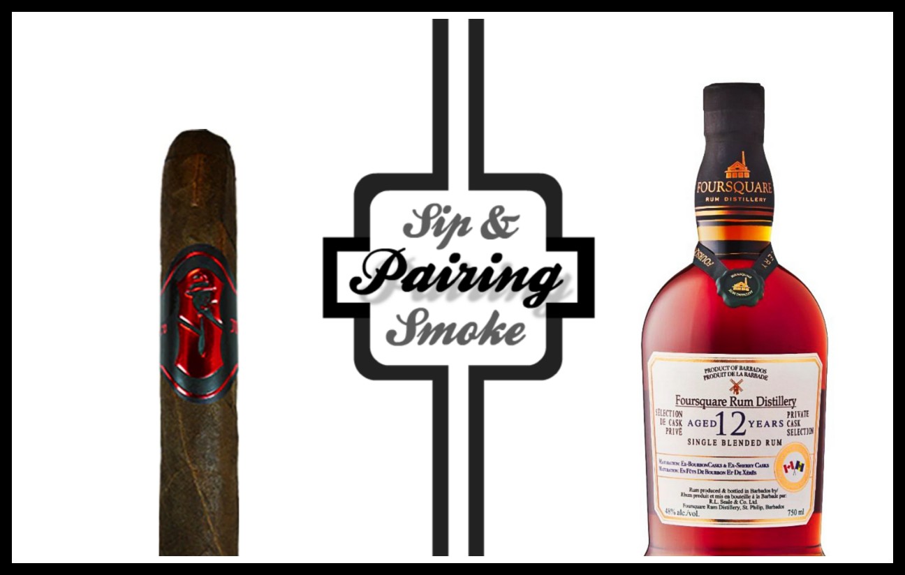 A bottle of Foursquare 12 Year Rum with a Sinistro Mr. Red Cigar