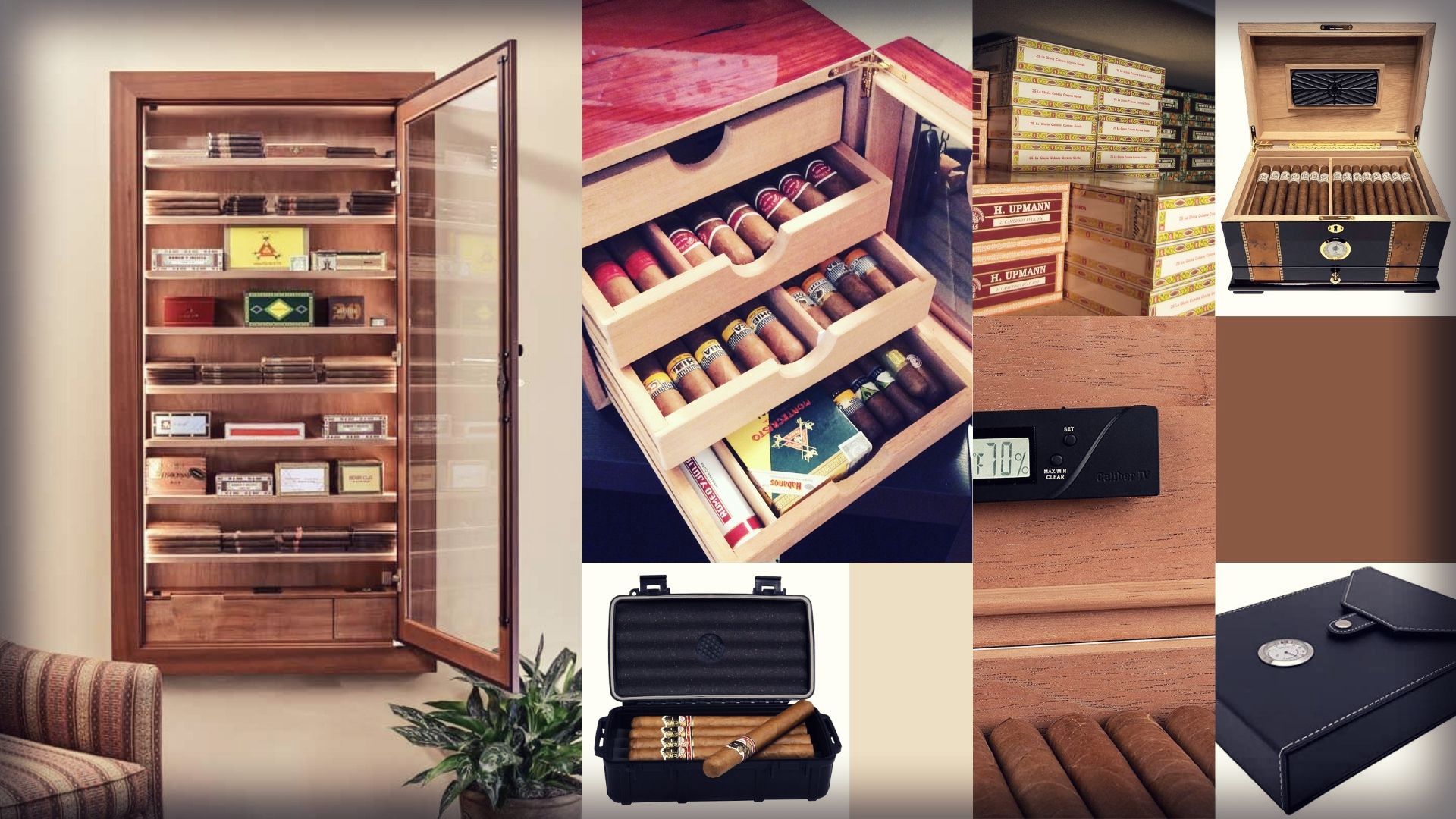 A collage of cigar humidors