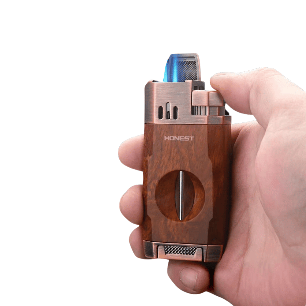 Dual Jet Wood Grain Cigar Torch Lighter with V-Cutter - Image 6