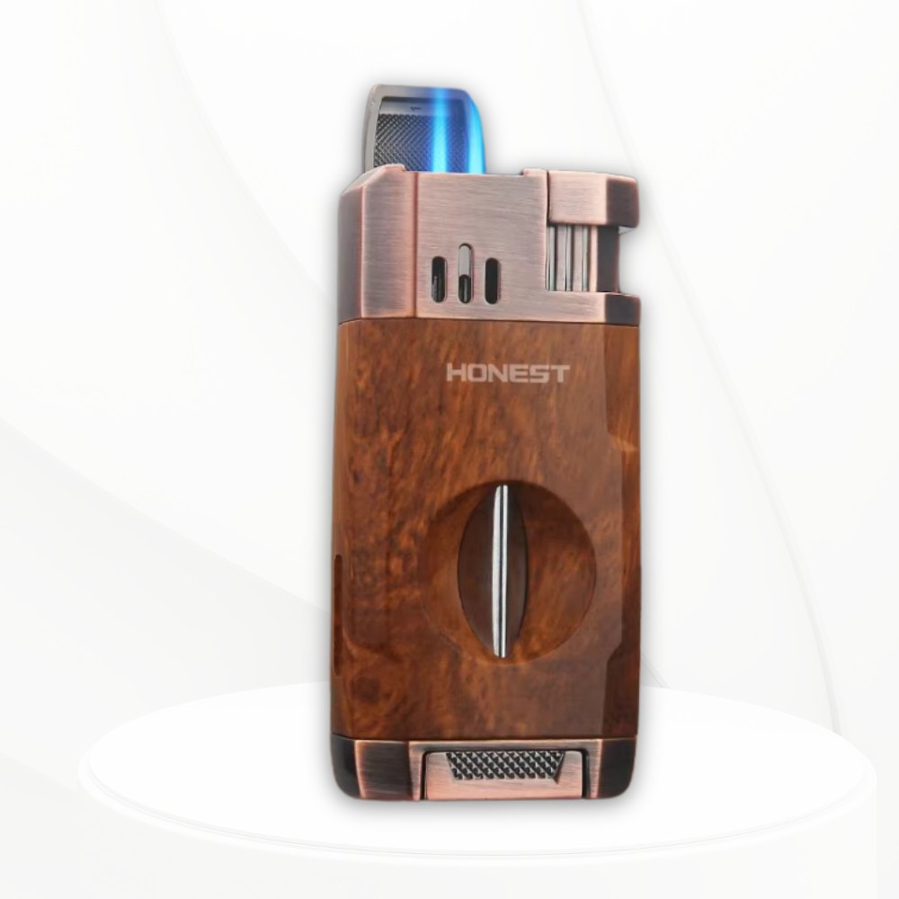 Dual Jet Wood Grain Cigar Torch Lighter with V-Cutter