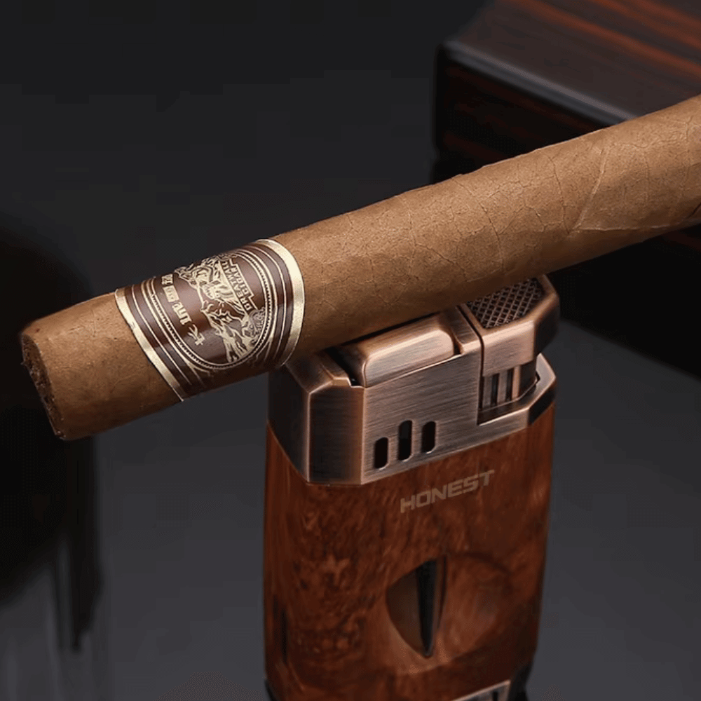 Dual Jet Wood Grain Cigar Torch Lighter with V-Cutter - Image 5