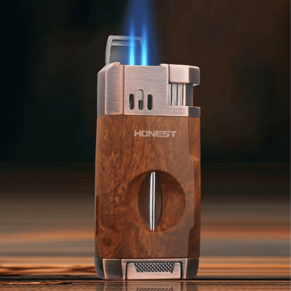 Dual Jet Wood Grain Cigar Torch Lighter with V-Cutter - Image 3